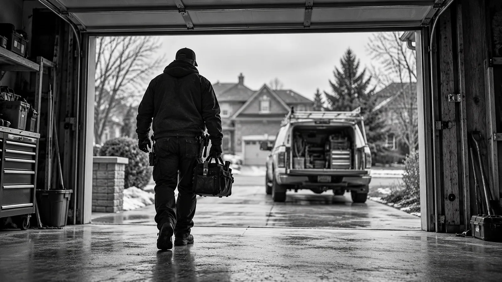 Illustrative monochrome scene of an independent technician arriving for work