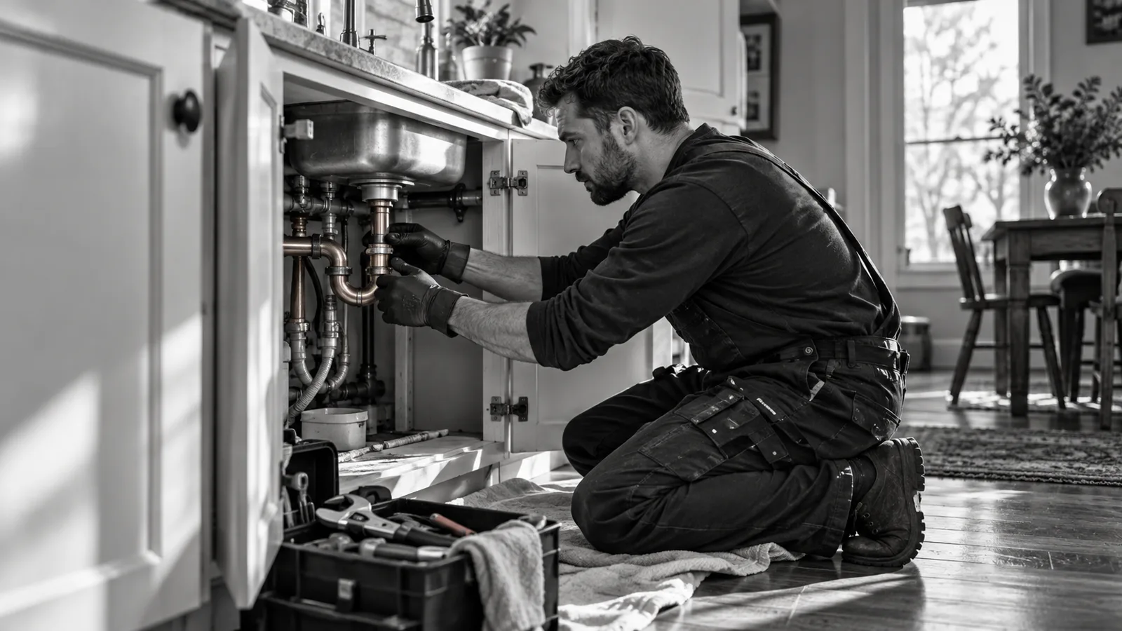 Illustrative monochrome scene of a plumber inspecting pipework in a customer’s home